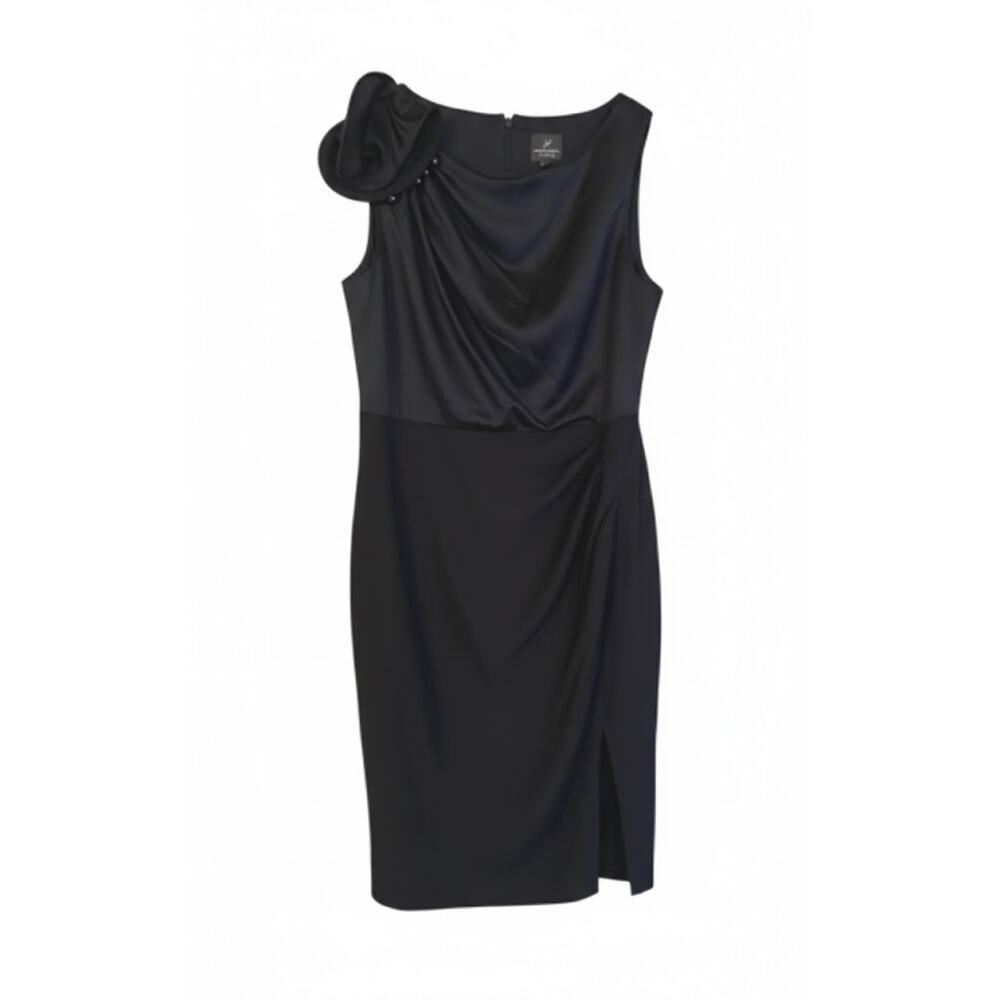 Adrianna Papell Black Shoulder Dress Structural Ruffle Beaded Bodice